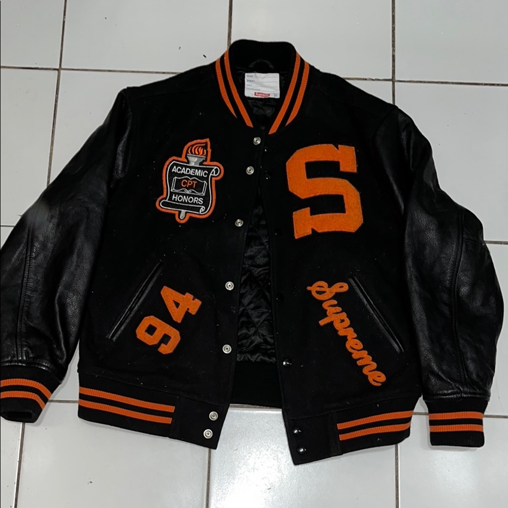 Supreme Black and Orange Letterman Jacket